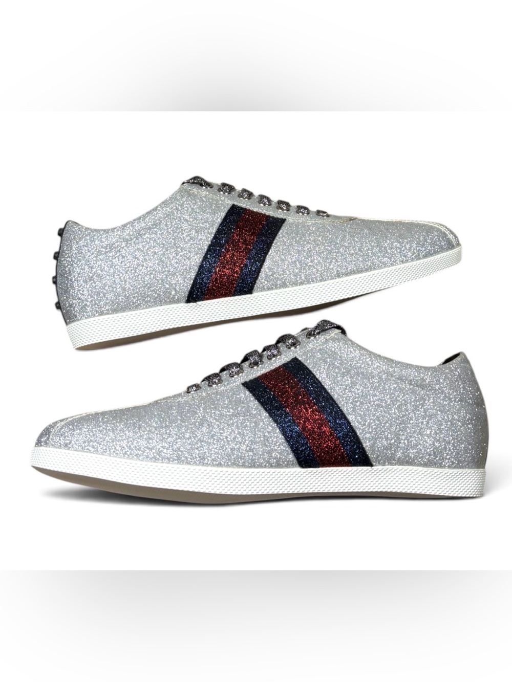 Gucci Bambi Metallic Silver Sparkle Glitter Stud Web Sneakers Size Men’s 46